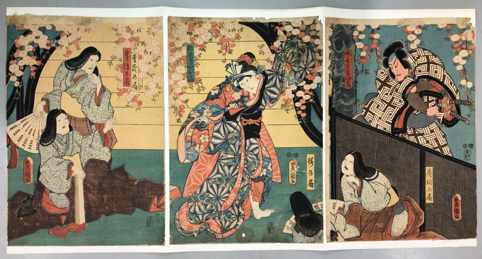 Toyokuni Woodblock Print Triptych: Kabuki Play 1847-52 Ukiyo-e