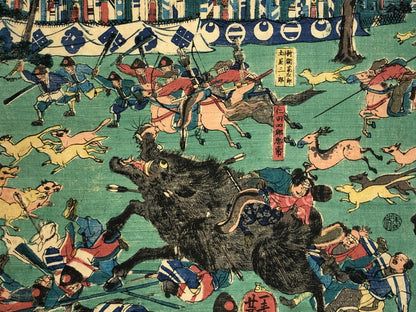 Yoshikazu Woodblock Print Triptych:Minamoto no Yoritomo’s Fuji Hunting Excursion