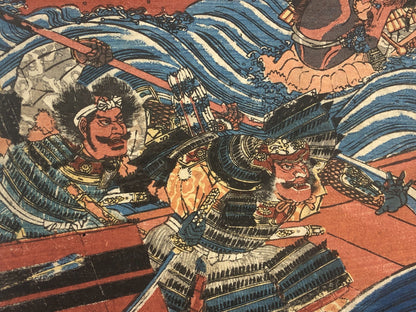 Kunisada I Woodblock Print Tritych: Depiction of the Battle of Dan-no-ura