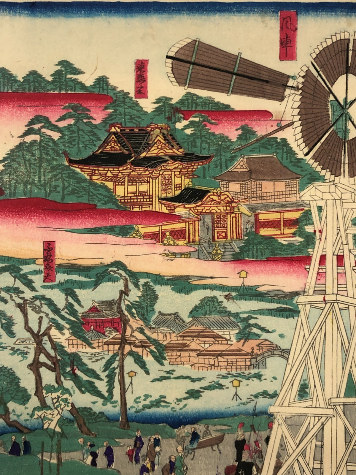 Kyosai Woodblock Print Triptych: 1877 National Industrial Exhibition Ueno Park