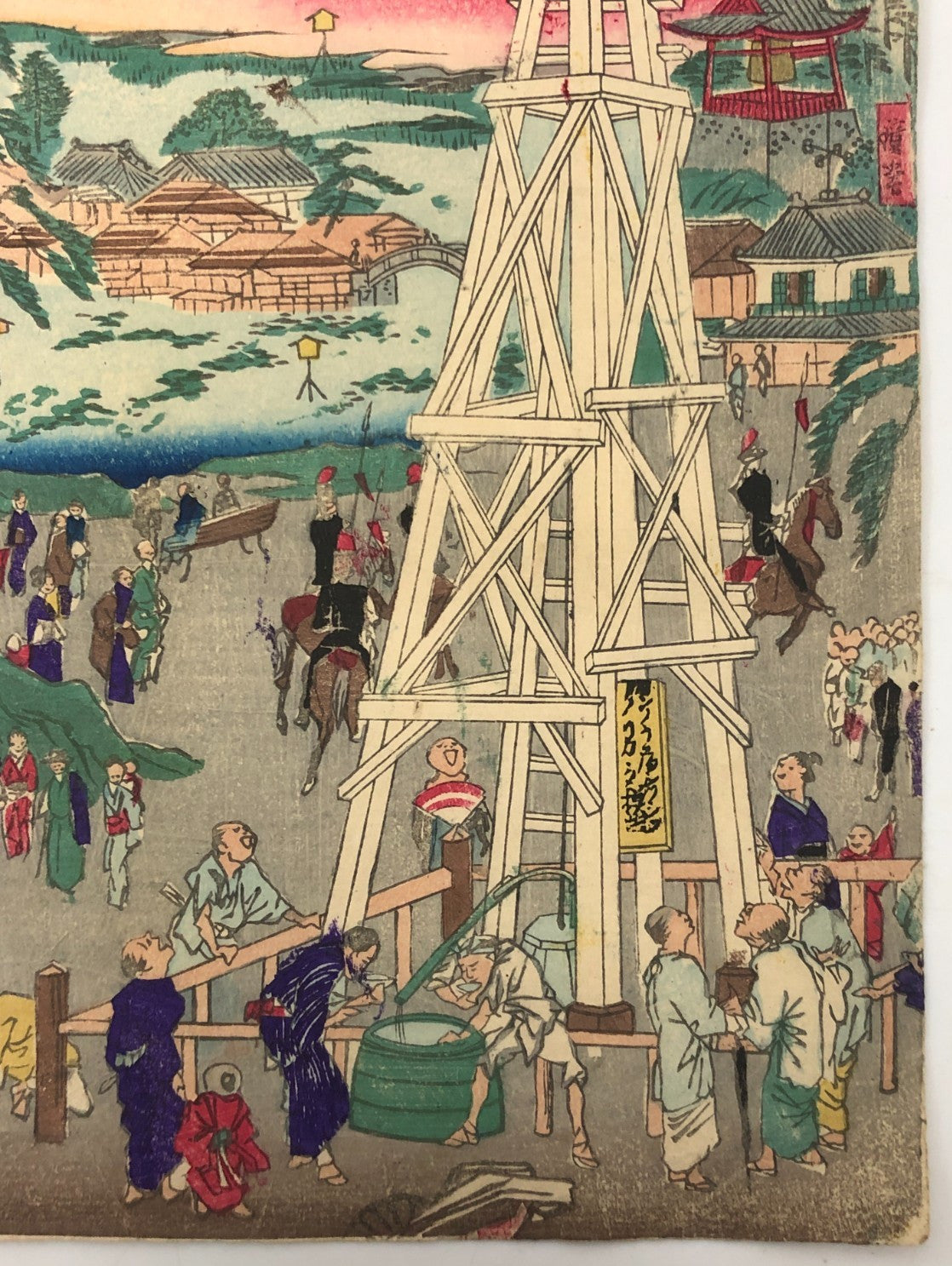 Kyosai Woodblock Print Triptych: 1877 National Industrial Exhibition Ueno Park