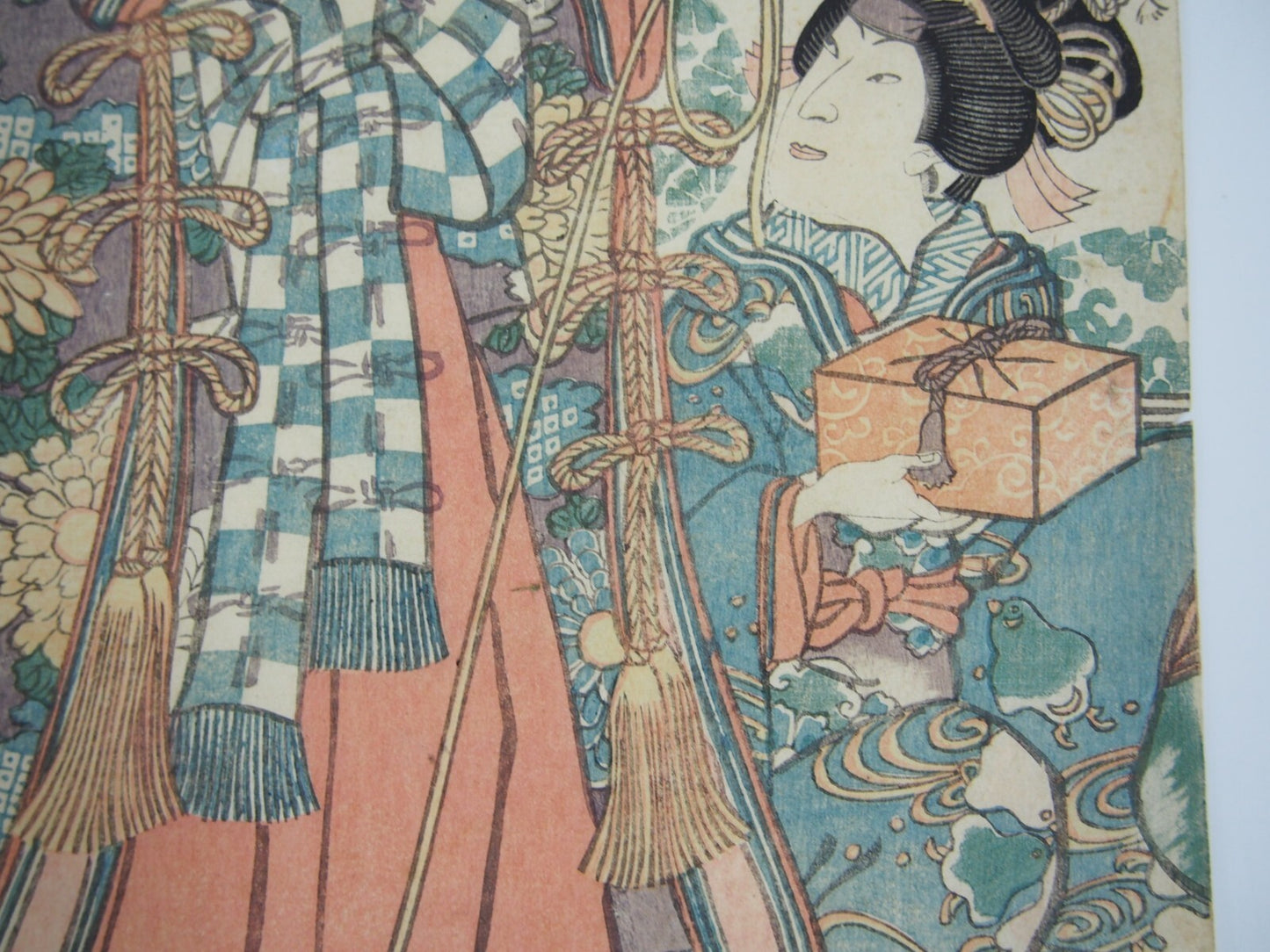 Toyokuni Woodblock Print Triptych: Kabuki Actor & Tabby Cat 1859 Ukiyo-e