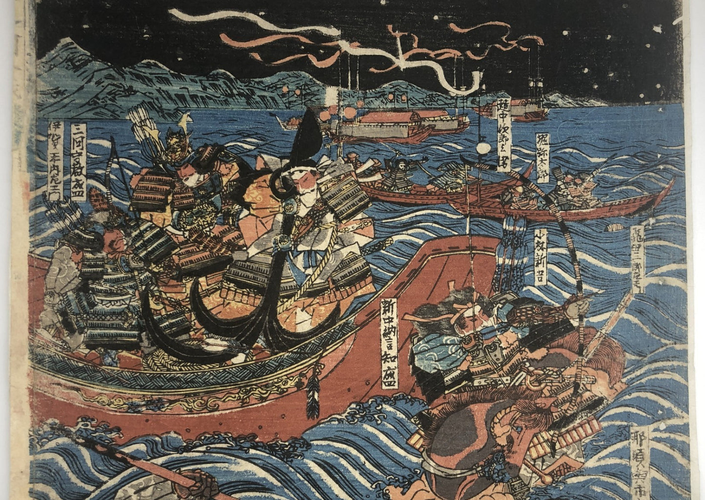 Kunisada I Woodblock Print Tritych: Depiction of the Battle of Dan-no-ura