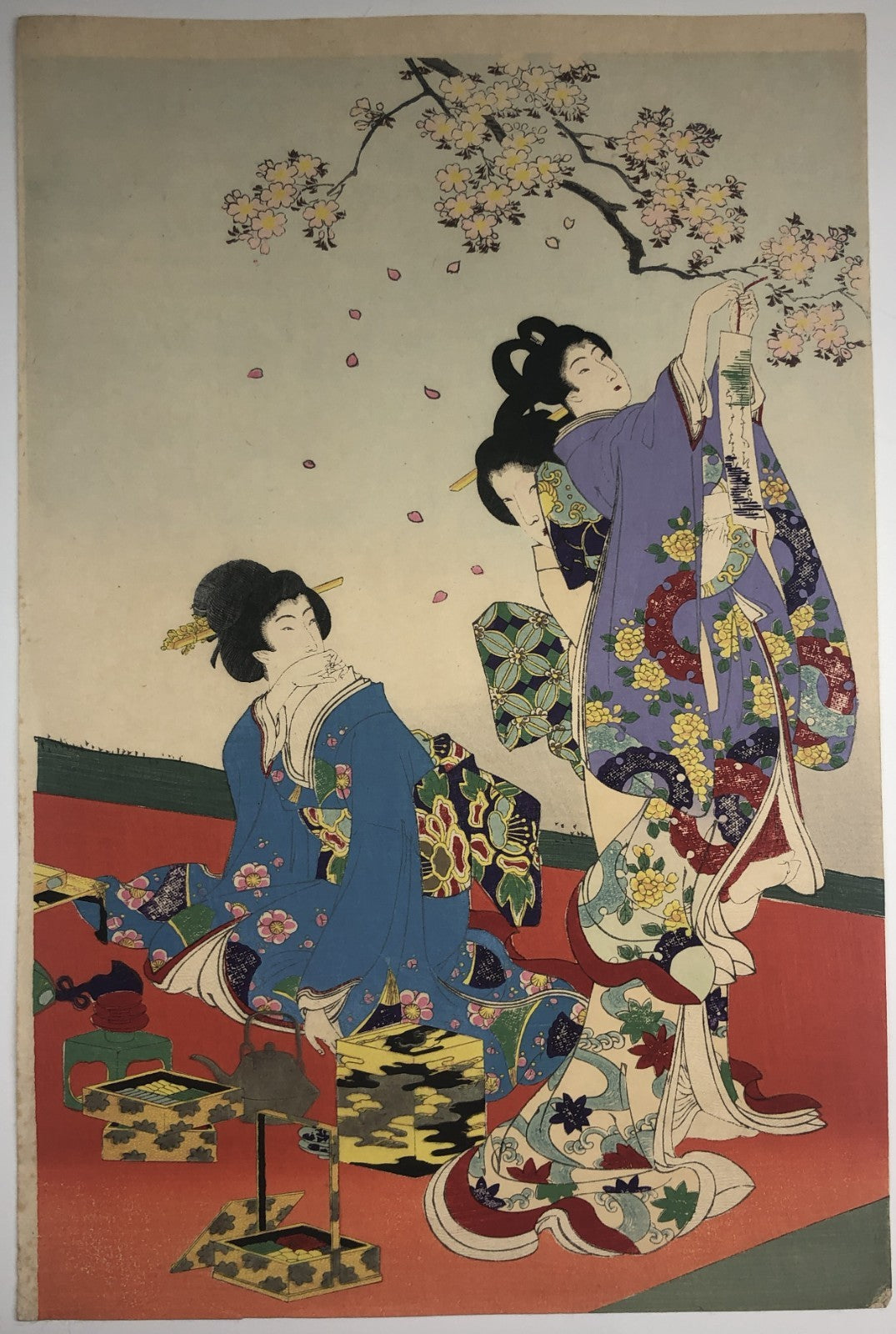 Chikanobu Woodblock Print Triptych: Noblewomen Viewing Cherry Blossoms Ukiyo-e