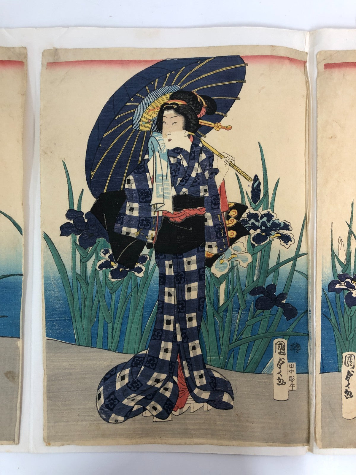 Kunisada Woodblock Print Quintuplet: Iris Benkei set 1866 Bijin-ga Ukiyo-e