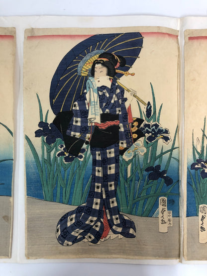 Kunisada Woodblock Print Quintuplet: Iris Benkei set 1866 Bijin-ga Ukiyo-e