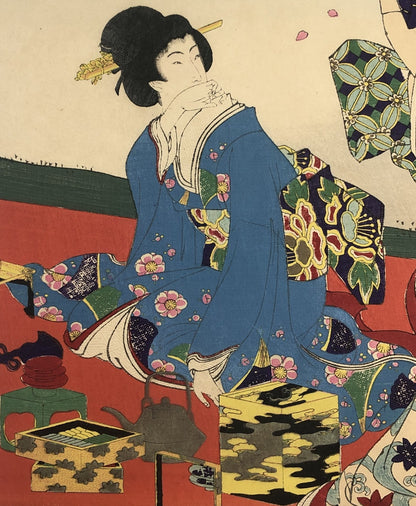 Chikanobu Woodblock Print Triptych: Noblewomen Viewing Cherry Blossoms Ukiyo-e