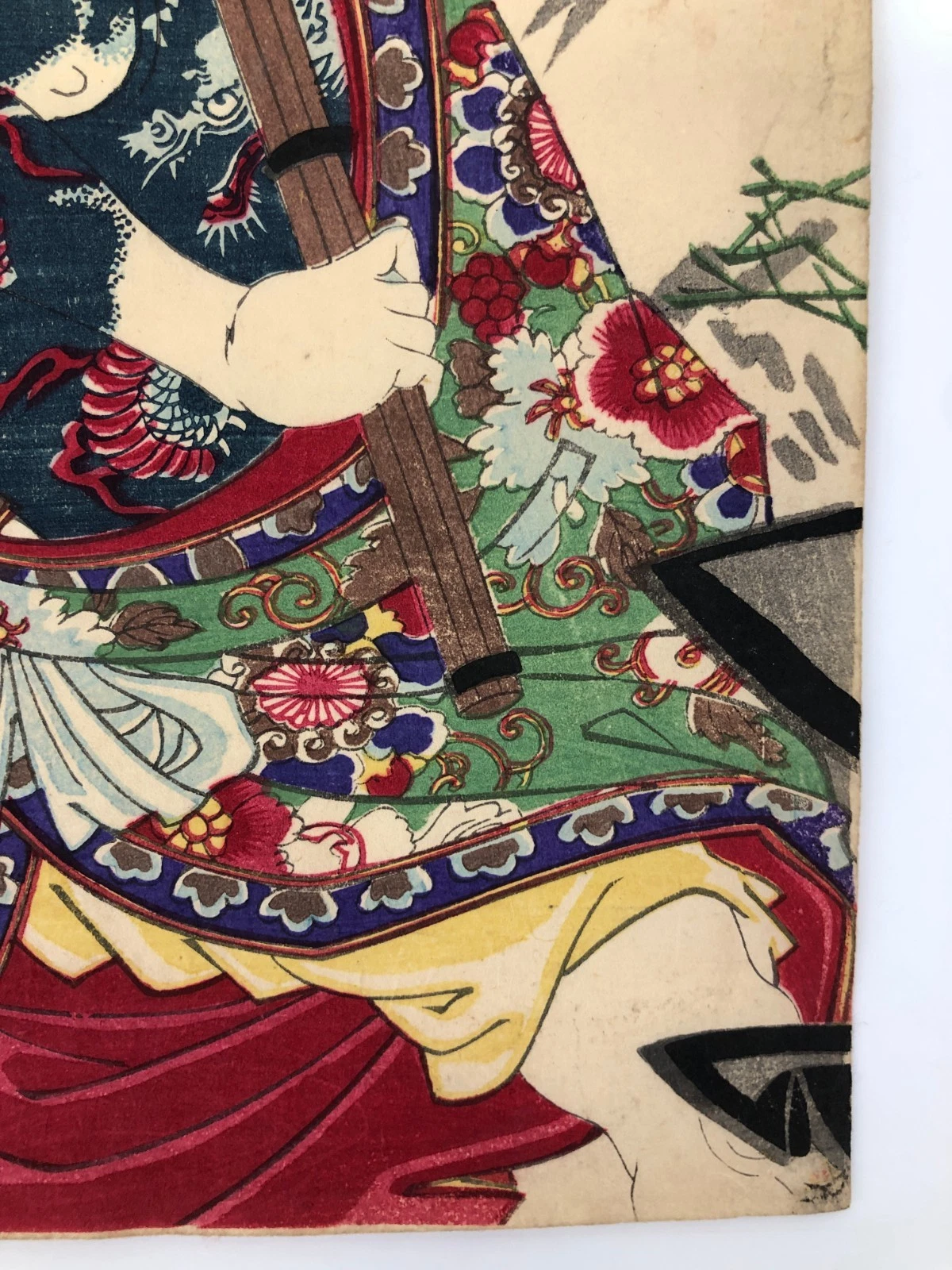 Chikanobu Woodblock Print Triptych: Kabuki Play, Tattoo Ichikawa Danjuro 1886