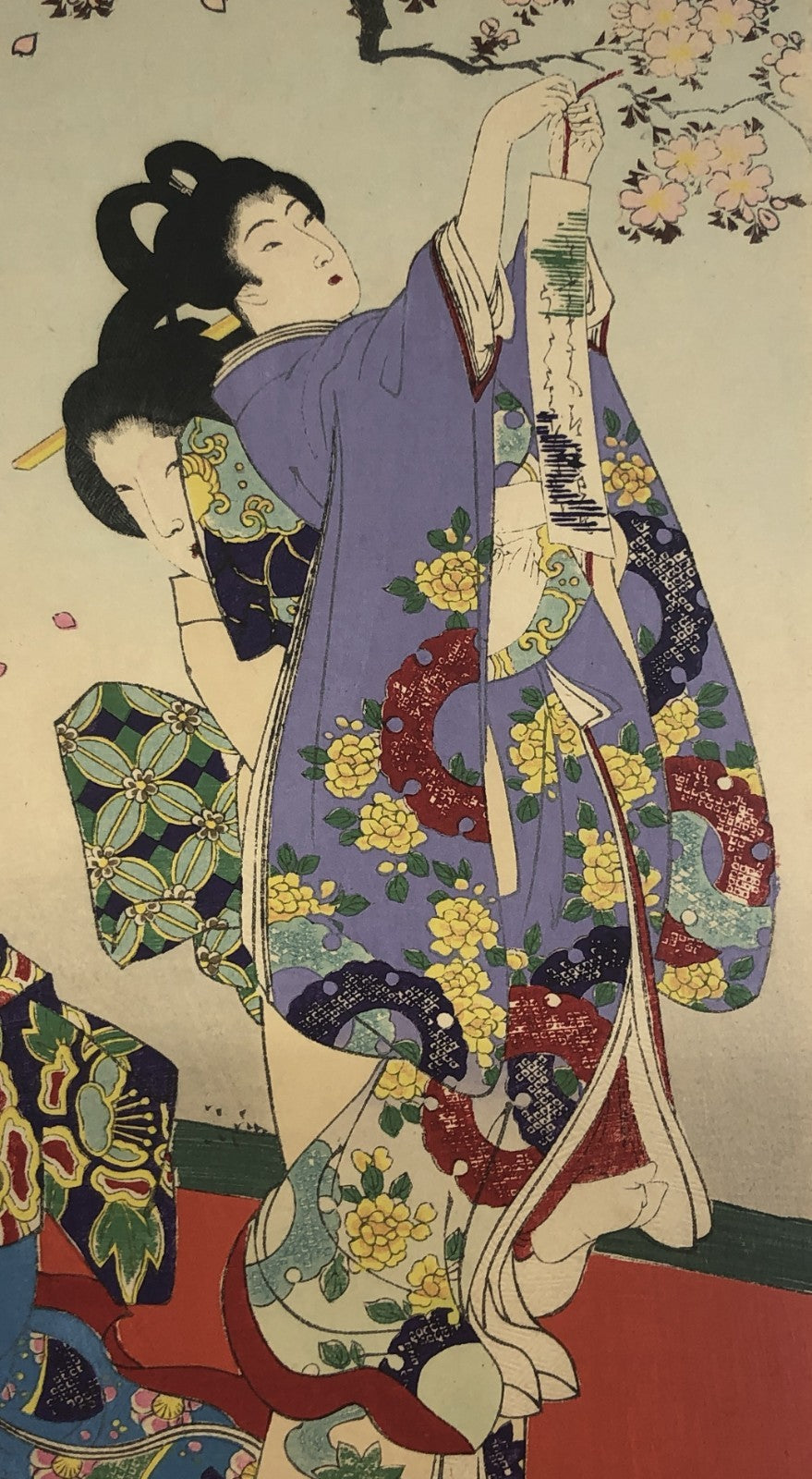 Chikanobu Woodblock Print Triptych: Noblewomen Viewing Cherry Blossoms Ukiyo-e
