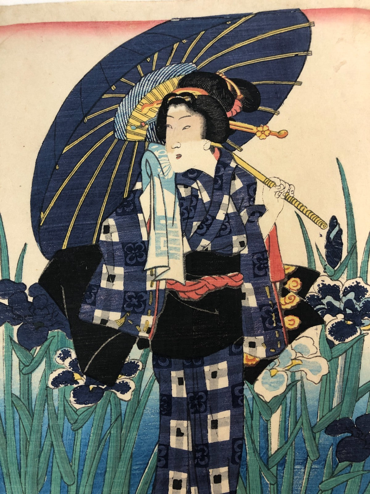 Kunisada Woodblock Print Quintuplet: Iris Benkei set 1866 Bijin-ga Ukiyo-e