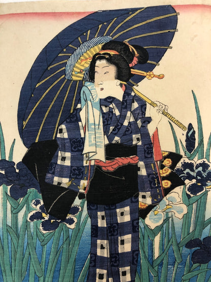 Kunisada Woodblock Print Quintuplet: Iris Benkei set 1866 Bijin-ga Ukiyo-e