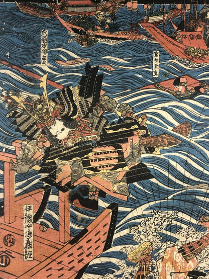 Kunisada I Woodblock Print Tritych: Depiction of the Battle of Dan-no-ura