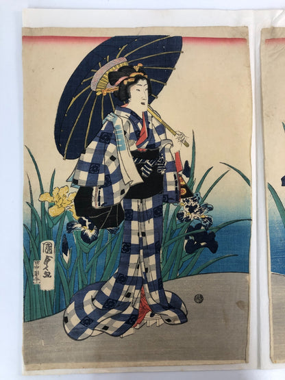 Kunisada Woodblock Print Quintuplet: Iris Benkei set 1866 Bijin-ga Ukiyo-e