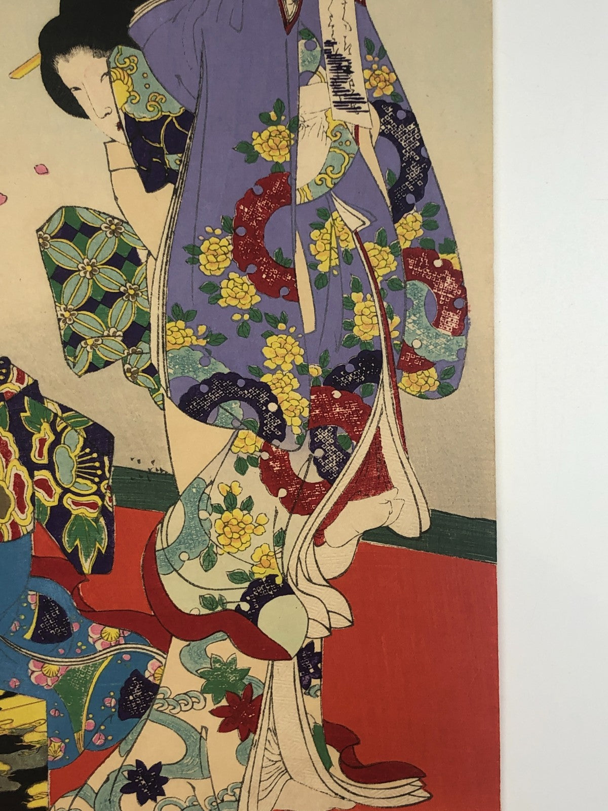 Chikanobu Woodblock Print Triptych: Noblewomen Viewing Cherry Blossoms Ukiyo-e