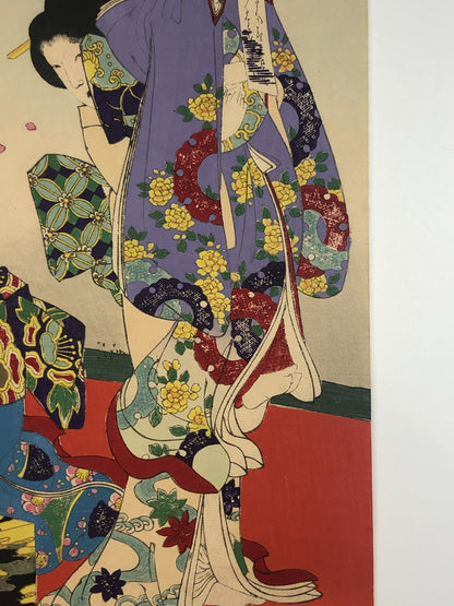 Chikanobu Woodblock Print Triptych: Noblewomen Viewing Cherry Blossoms Ukiyo-e