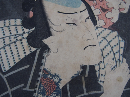 Yoshitoshi Woodblock Print Triptych: Tattoo! Model of Courage, Flowers 1860