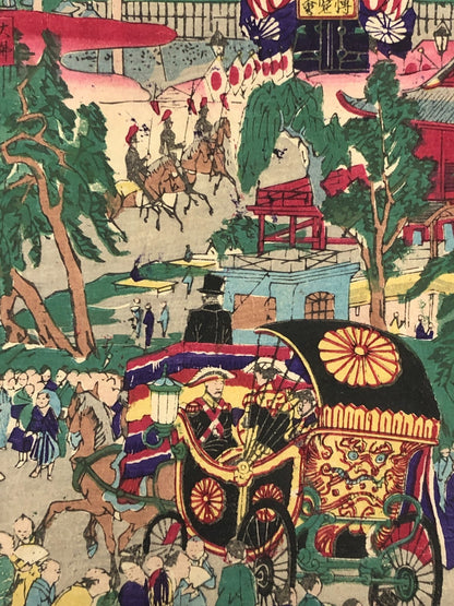 Kyosai Woodblock Print Triptych: 1877 National Industrial Exhibition Ueno Park