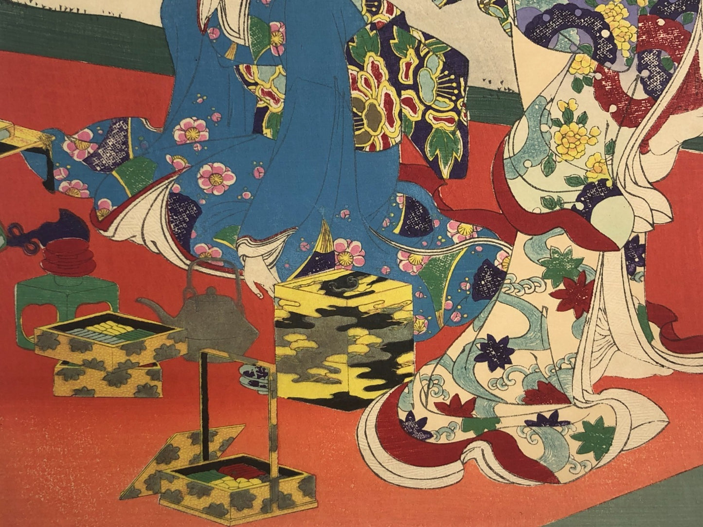 Chikanobu Woodblock Print Triptych: Noblewomen Viewing Cherry Blossoms Ukiyo-e
