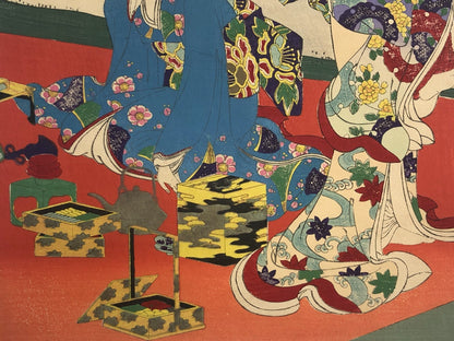 Chikanobu Woodblock Print Triptych: Noblewomen Viewing Cherry Blossoms Ukiyo-e