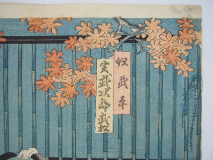 Toyokuni Woodblock Print Triptych: Kabuki Actor & Tabby Cat 1859 Ukiyo-e