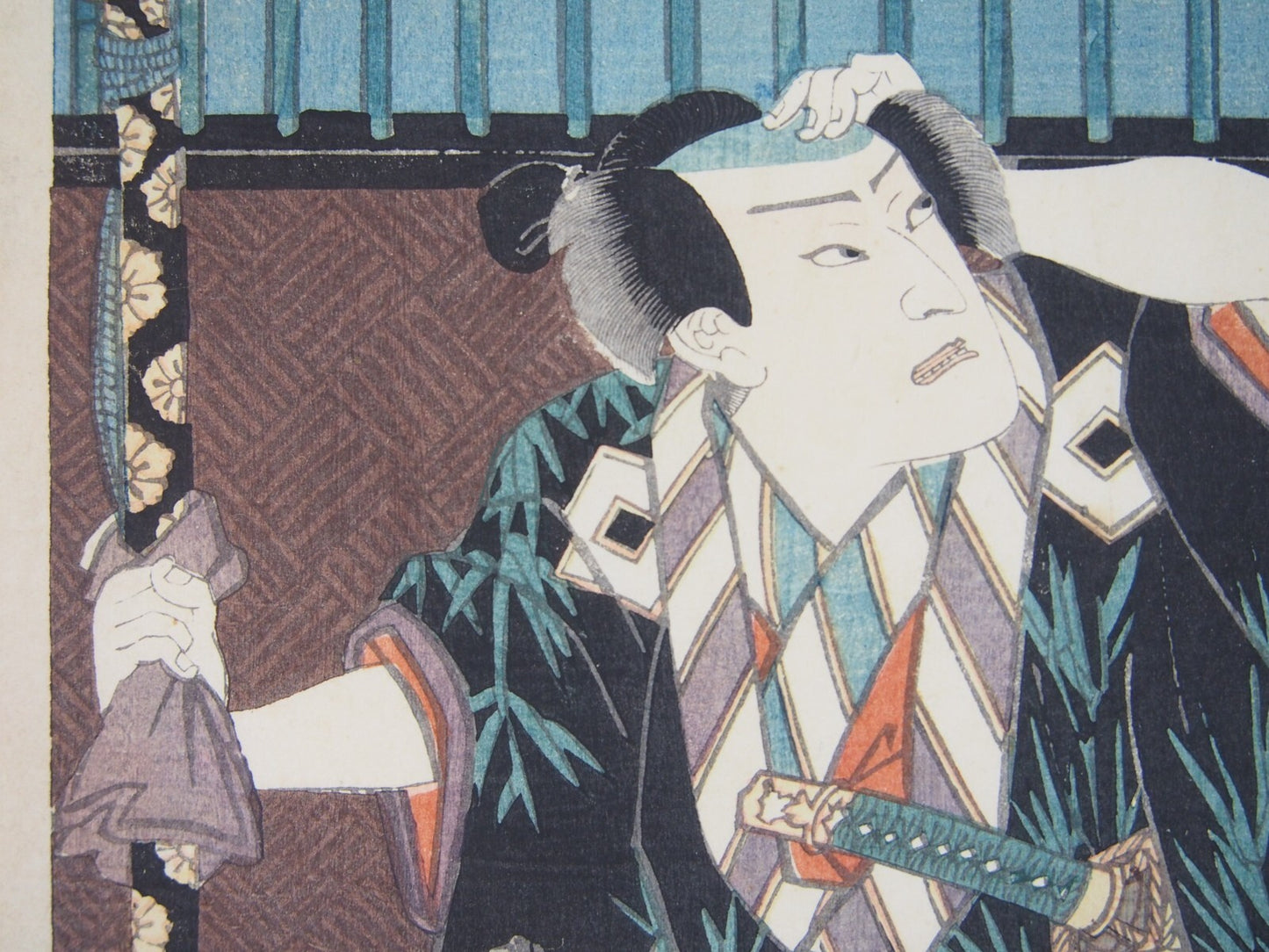 Toyokuni Woodblock Print Triptych: Kabuki Actor & Tabby Cat 1859 Ukiyo-e