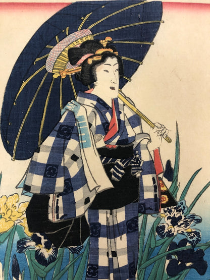 Kunisada Woodblock Print Quintuplet: Iris Benkei set 1866 Bijin-ga Ukiyo-e