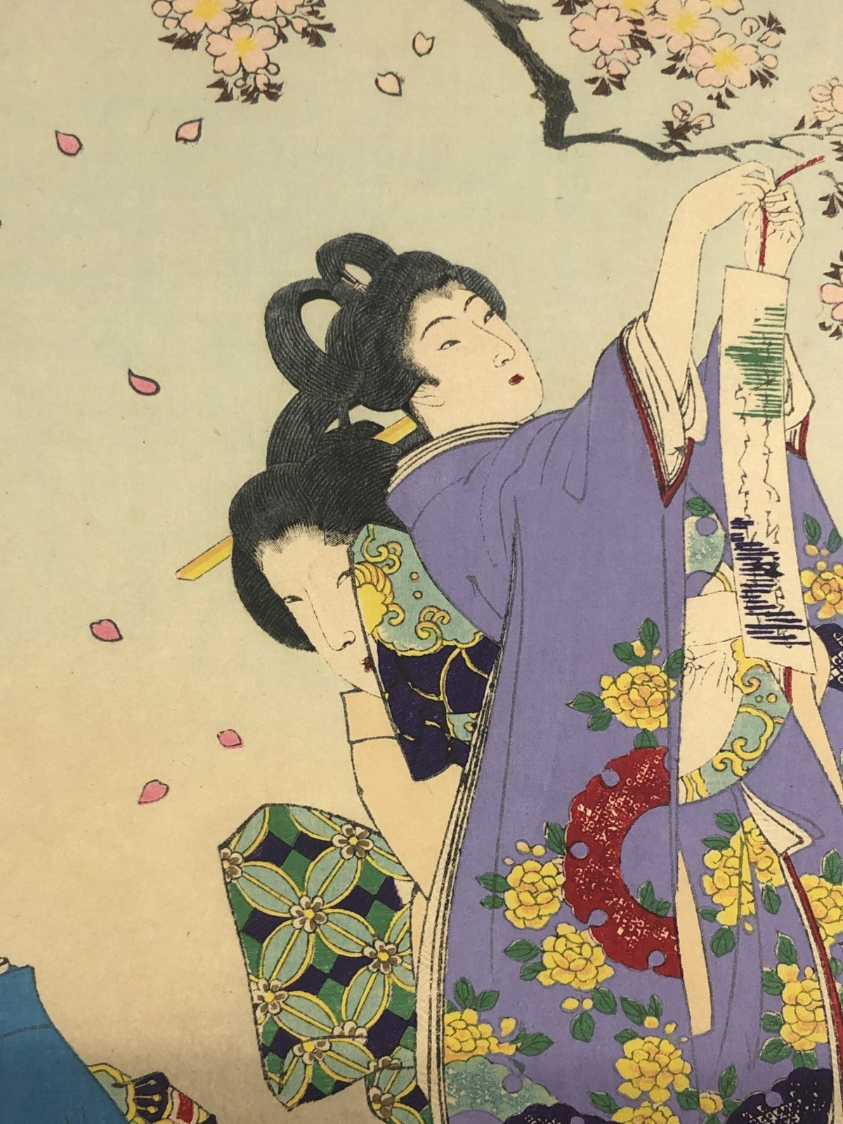 Chikanobu Woodblock Print Triptych: Noblewomen Viewing Cherry Blossoms Ukiyo-e
