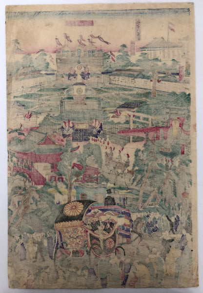 Kyosai Woodblock Print Triptych: 1877 National Industrial Exhibition Ueno Park