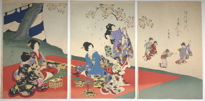 Chikanobu Woodblock Print Triptych: Noblewomen Viewing Cherry Blossoms Ukiyo-e