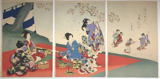 Chikanobu Woodblock Print Triptych: Noblewomen Viewing Cherry Blossoms Ukiyo-e