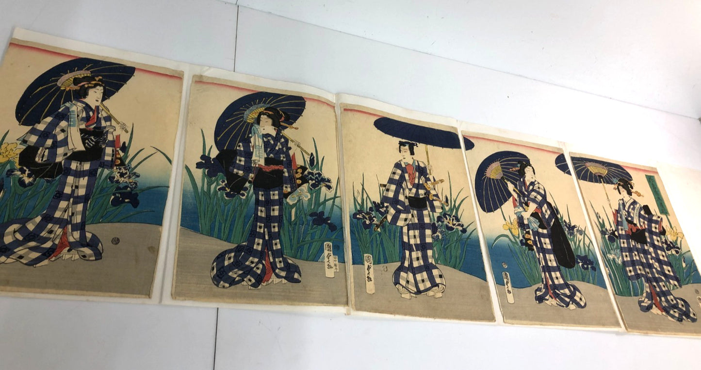 Kunisada Woodblock Print Quintuplet: Iris Benkei set 1866 Bijin-ga Ukiyo-e