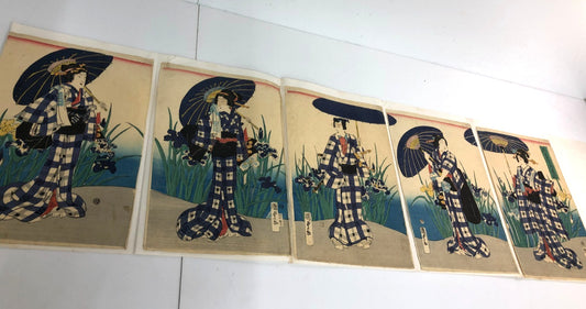 歌川国貞「花菖蒲弁慶揃」1866年（慶応2年）五枚続 浮世絵 木版画