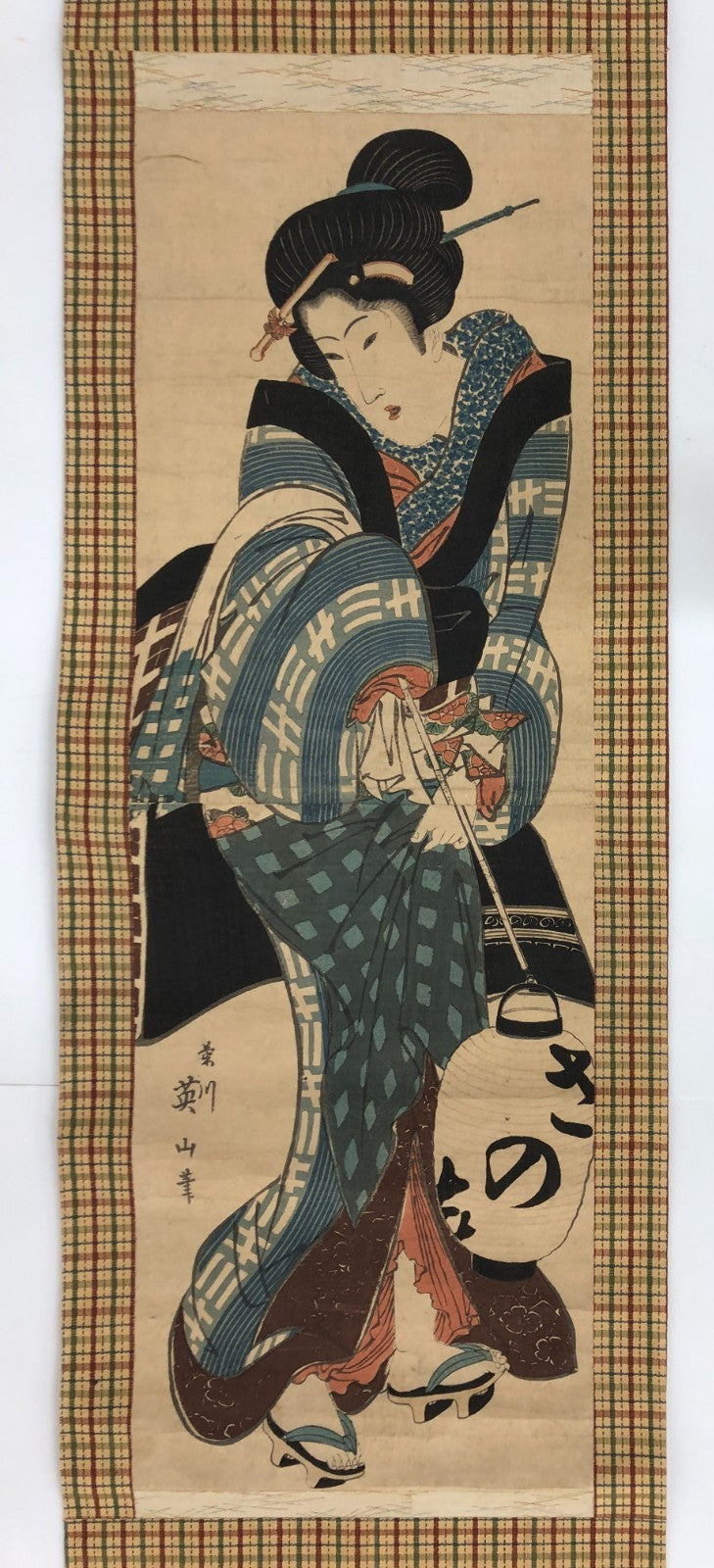 Eizan Woodblock Print Vertical Diptych:Beauty carrying a lantern,Edo era,Ukiyo-e