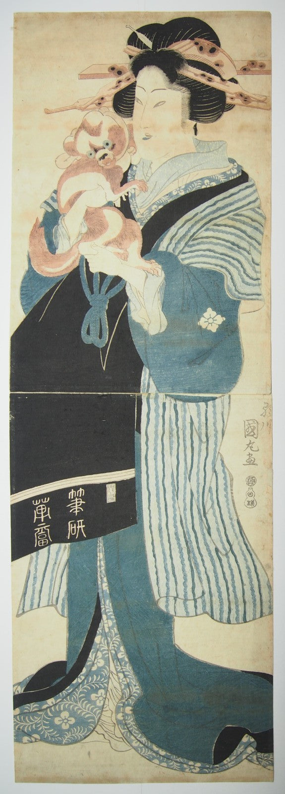 Kunimaru Woodblock Print Vertical Diptych: Beauty Holding a Dog, Edo Period