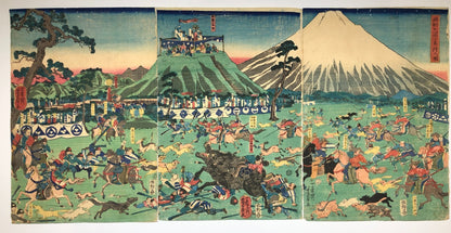 Yoshikazu Woodblock Print Triptych:Minamoto no Yoritomo’s Fuji Hunting Excursion