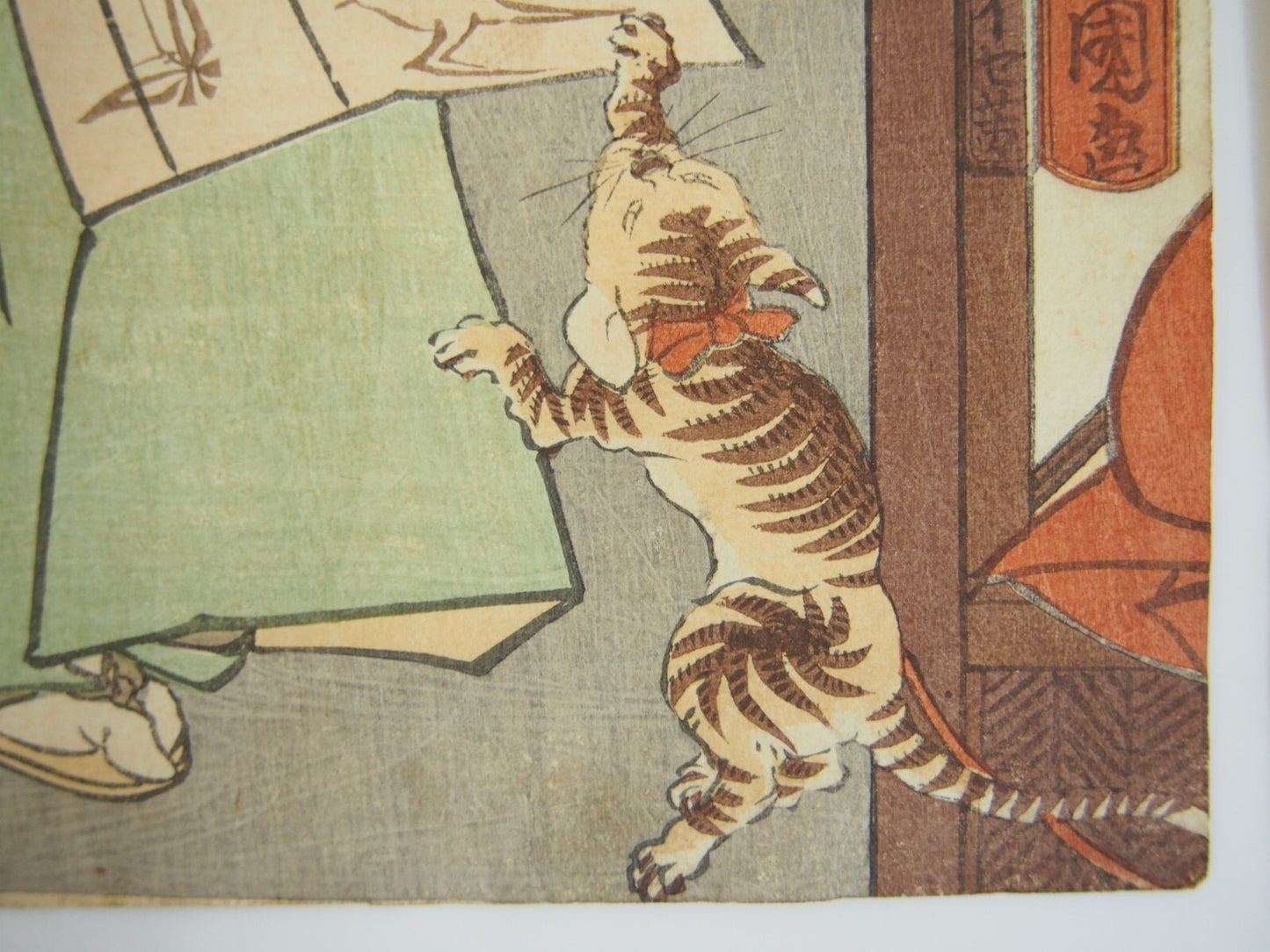 Toyokuni Woodblock Print Triptych: Kabuki Actor & Tabby Cat 1859 Ukiyo-e