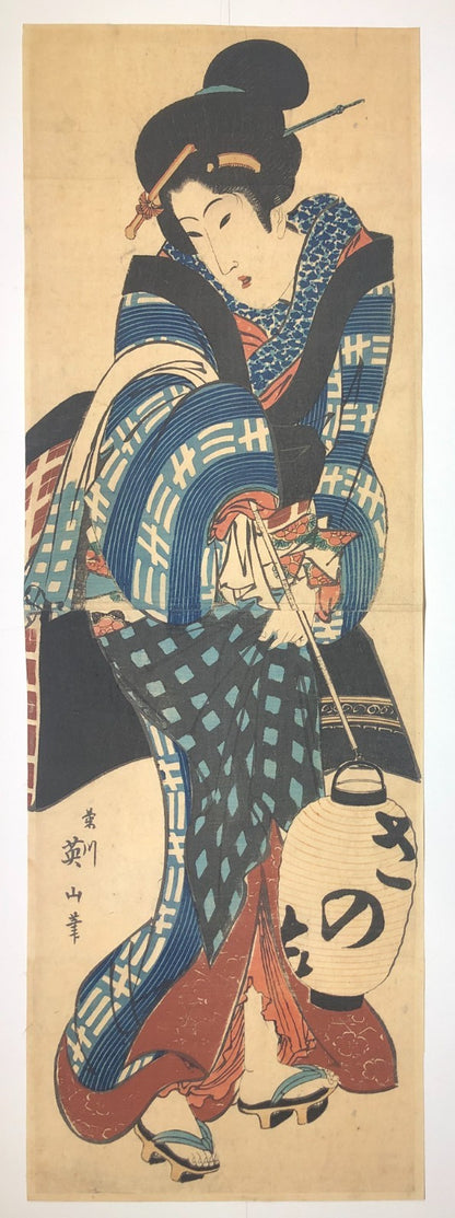 Eizan Woodblock Print Vertical Diptych: Standing Beauty, Edo Period Ukiyo-e