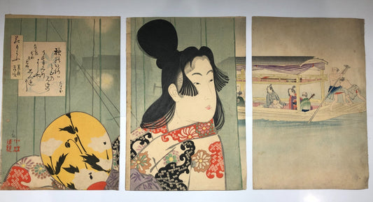 Kiyochika Woodblock Print Triptych: Beauty at the time of Jōō and Manji era 1896