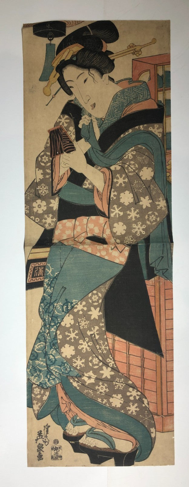 Eisen Woodblock Print Vertical Diptych: Standing Beauty & Hand mirror ca. 1840
