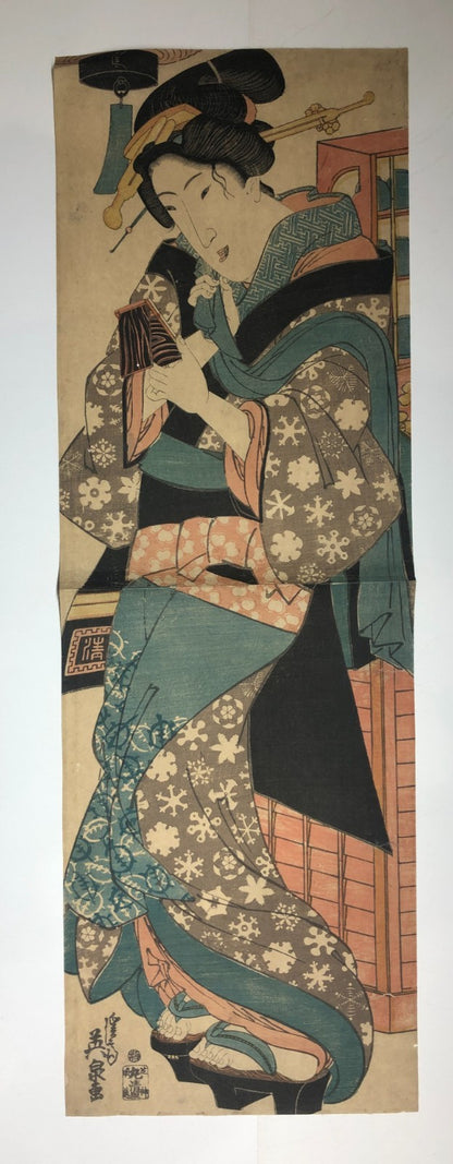 Eisen Woodblock Print Vertical Diptych: Standing Beauty & Hand mirror ca. 1840