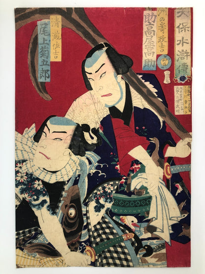 Chikashige Woodblock Print triptych:Tenpo Suikoden Tattoo Meiji era Kabuki actor