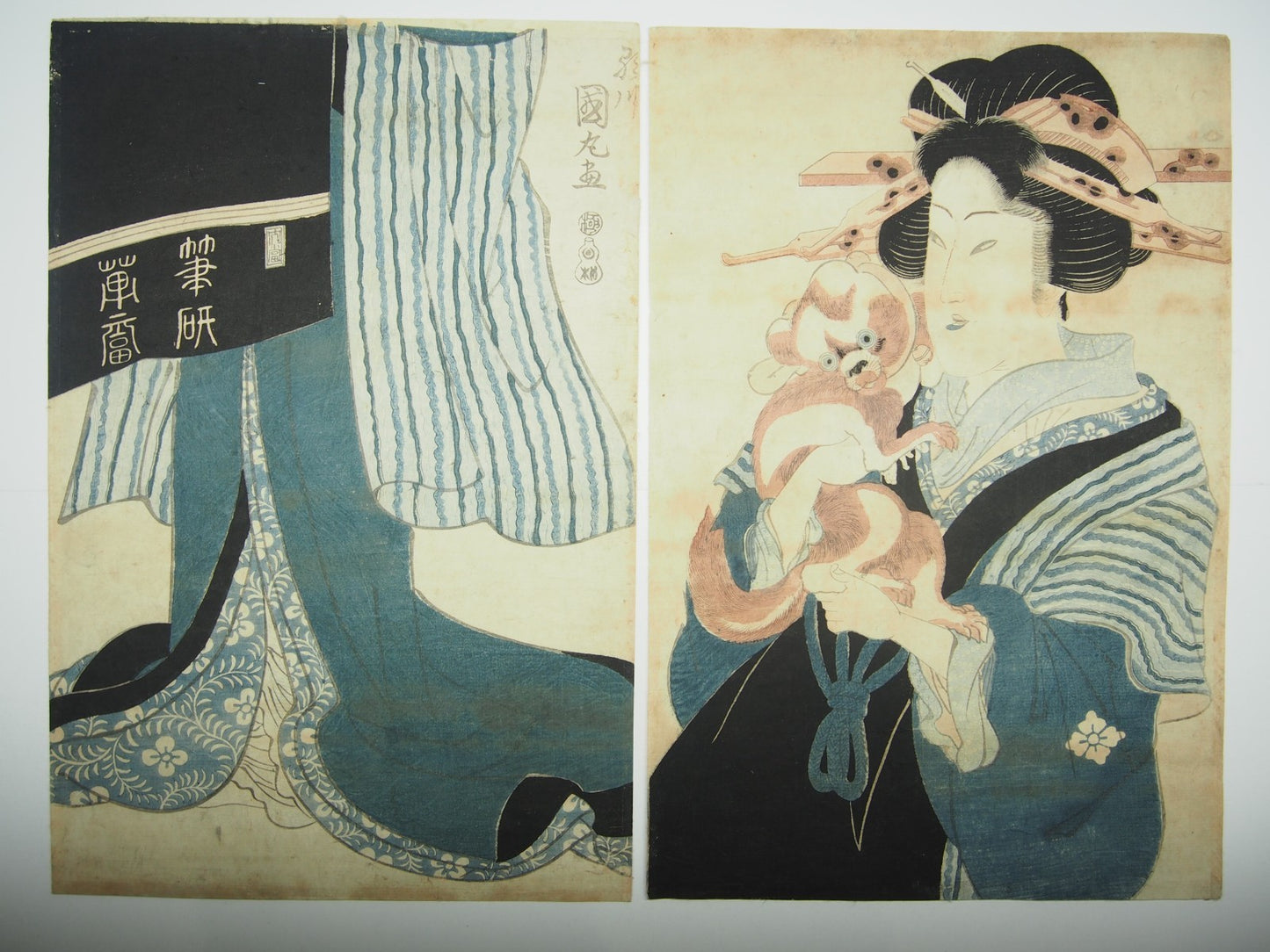 Kunimaru Woodblock Print Vertical Diptych: Beauty Holding a Dog, Edo Period