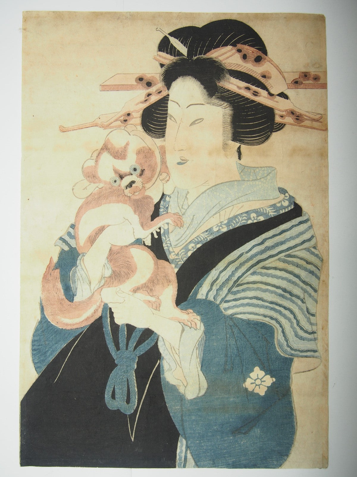 Kunimaru Woodblock Print Vertical Diptych: Beauty Holding a Dog, Edo Period