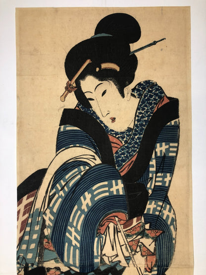Eizan Woodblock Print Vertical Diptych: Standing Beauty, Edo Period Ukiyo-e
