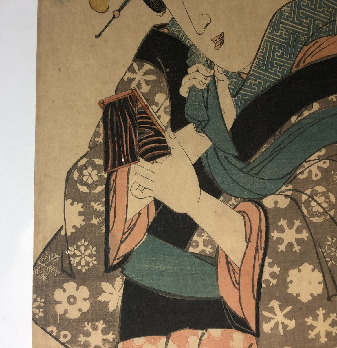 Eisen Woodblock Print Vertical Diptych: Standing Beauty & Hand mirror ca. 1840