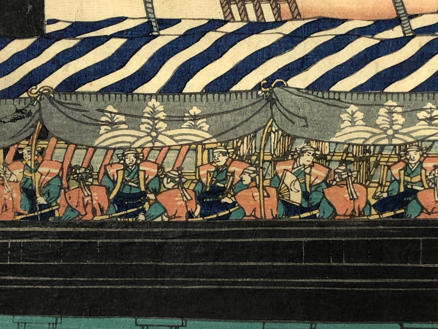 Sadahide Woodblock Print Triptych: The Shogun Arrives at Tempozan Ukiyo-e