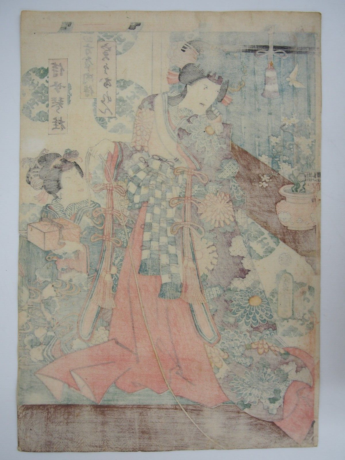 Toyokuni Woodblock Print Triptych: Kabuki Actor & Tabby Cat 1859 Ukiyo-e