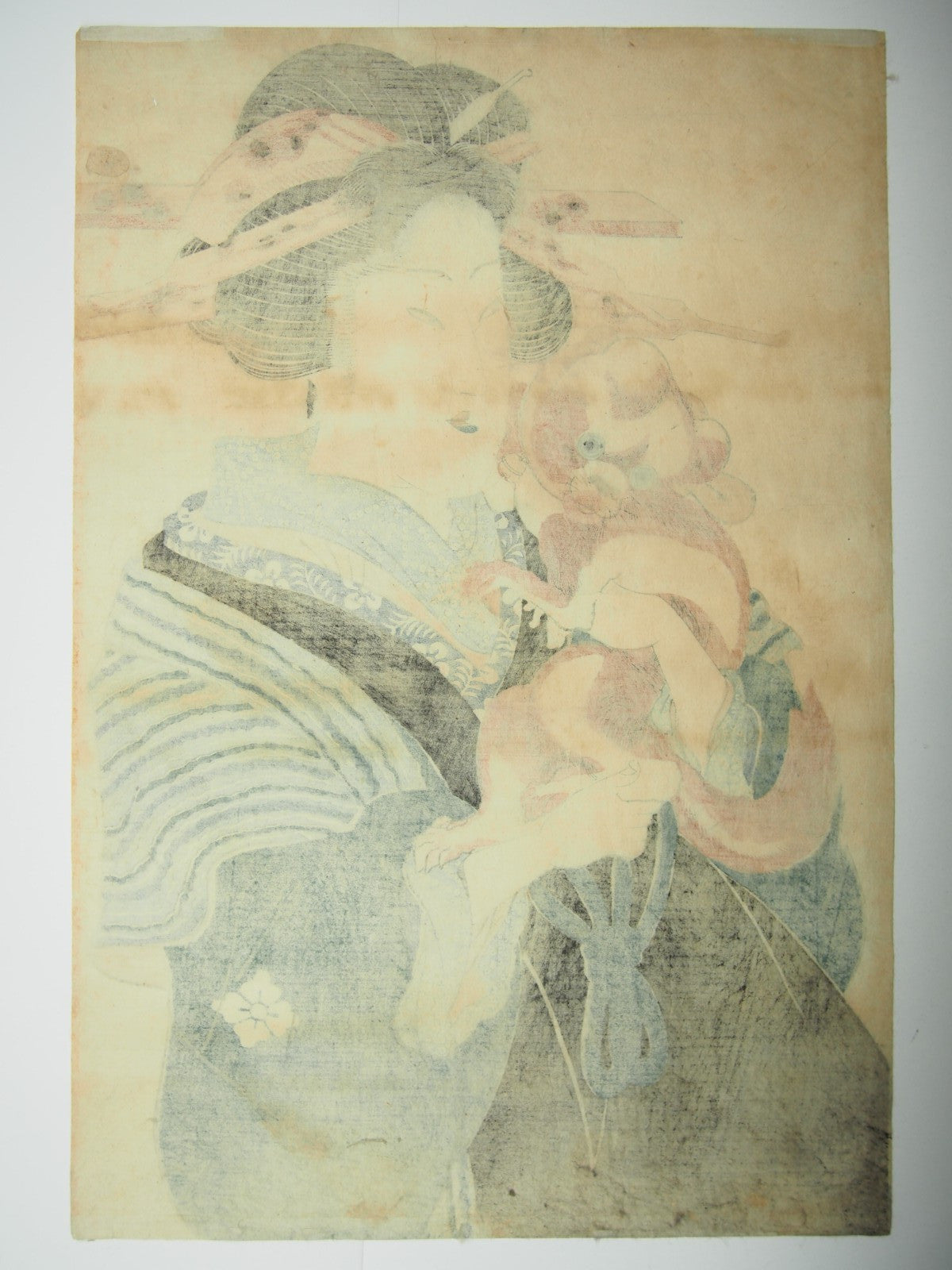 Kunimaru Woodblock Print Vertical Diptych: Beauty Holding a Dog, Edo Period