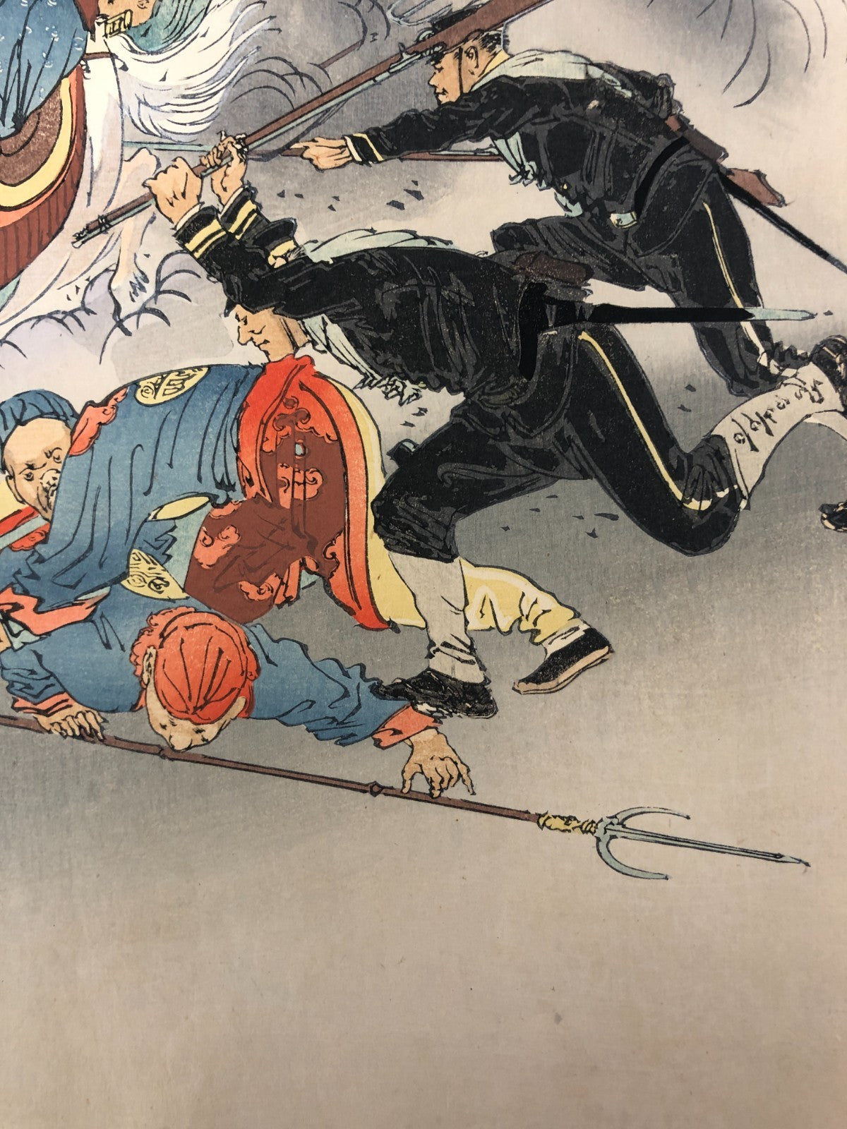 Gekko Woodblock Print Triptych: Soldiers Fighting Furiously at