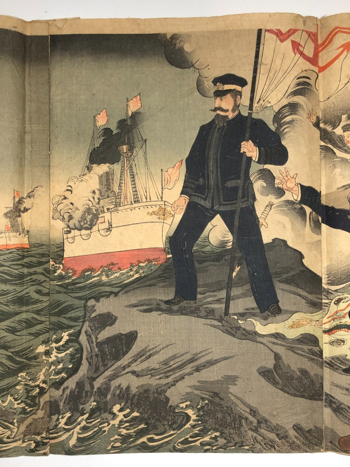 Nobukazu Woodblock Print Triptych: Battle on Penghu Islands, Sino